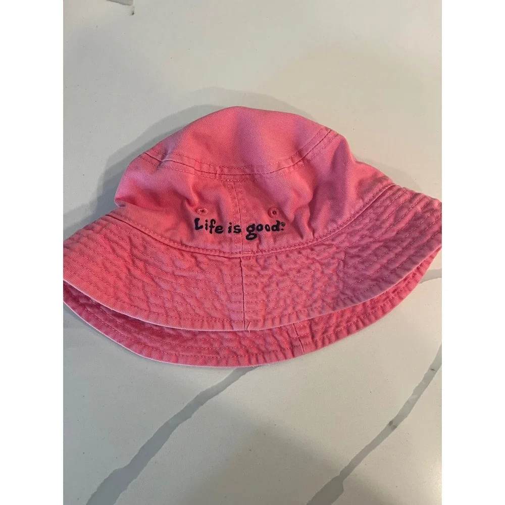 Life is Good Pink Daisy Cotton Bucket Hat‎ Size 4-7Y Sun Hat Flower Embroidery